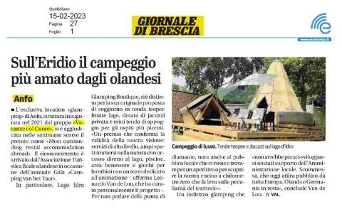 Giornale di Brescia: sull'Eridio il campeggio più amato dagli olandesi