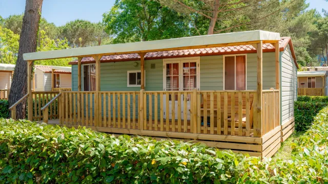 Cozy green mobile home with wooden porch, surrounded by lush greenery.