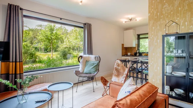 Cozy living room with large window, orange sofa, and open kitchen area.