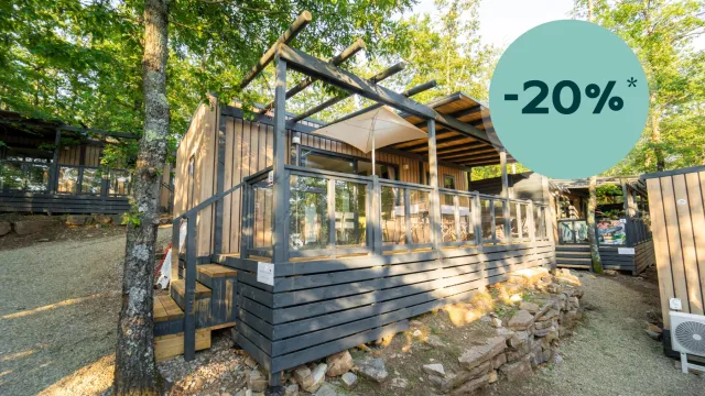 Modern wooden cabin surrounded by trees, with a sunlight-dappled path.