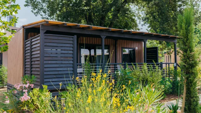 Modern cabin surrounded by lush greenery and flowers.