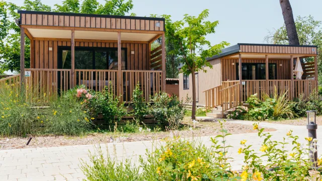 Cozy wooden cabins surrounded by lush greenery under a clear sky.