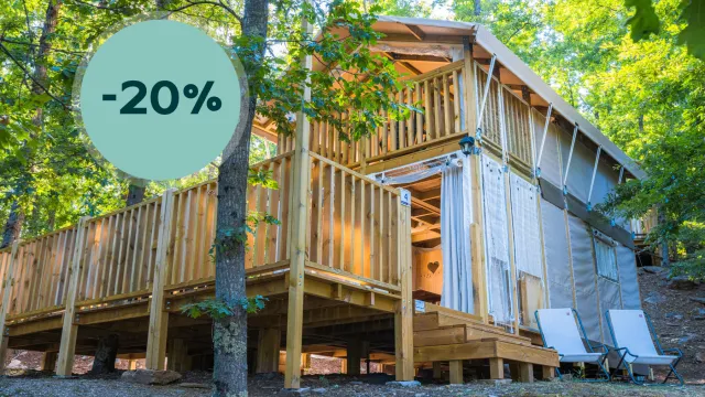 Wooden cabin in forest with deck chairs; circular "-20%" graphic.