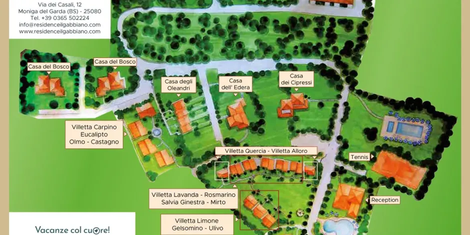 Map illustration of a resort with labeled villas and amenities on a green background.