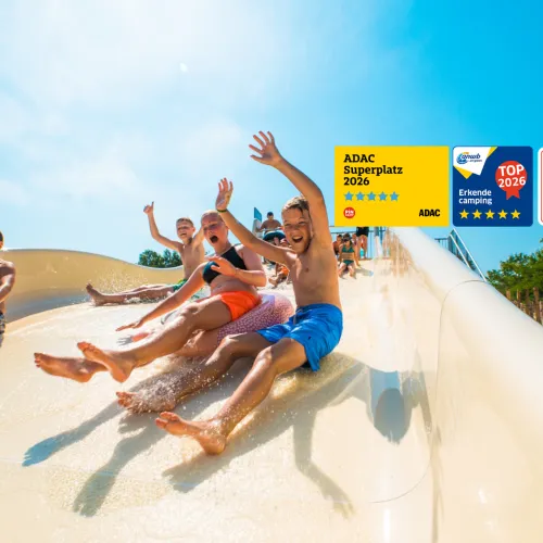 Laughing kids using a pool slide