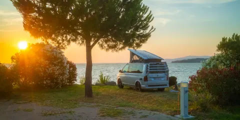 Camper van parked by a lake at sunset, surrounded by trees and bushes.