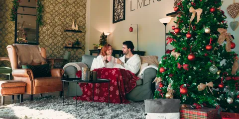 Cozy couple by Christmas tree in warm, festive living room.