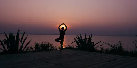 Yoga pose by a lake at sunset, silhouetted against a purple sky.