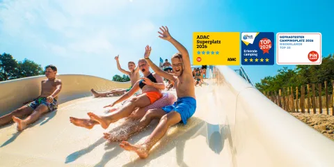 Laughing kids using a pool slide