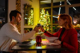 Couple toasting wine glasses in a cozy, decorated room with a lit Christmas tree.