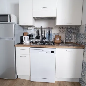 Compact kitchen with fridge, oven, and tiled backsplash.