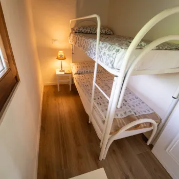 Bunk bed with white frame in a narrow, light-filled room. Small lamp on a side table.