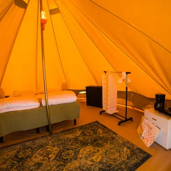 Cozy tent interior with bed, fan, and small fridge.