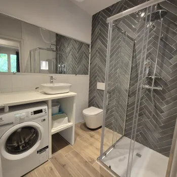 Modern bathroom with shower, sink, toilet, and washing machine.