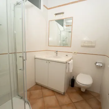 Compact bathroom with a glass shower, sink, and toilet.