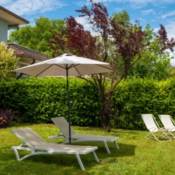 Sun loungers and umbrella on a green lawn with trees under a blue sky.