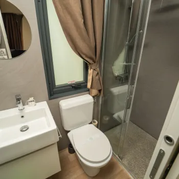 Compact bathroom with a sink, toilet, and glass shower. Brown curtain and mirror above sink.