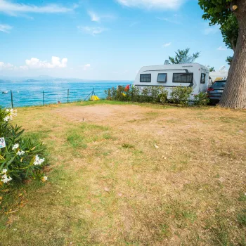 Camper van by a lakeside, under a blue sky, next to a tree-lined path.