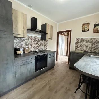 Modern kitchen with dark cabinets, floral backsplash, and light wood floor.