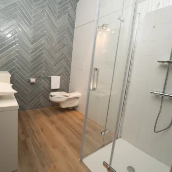 Modern bathroom with glass shower, wooden floor, and geometric wall tiles.
