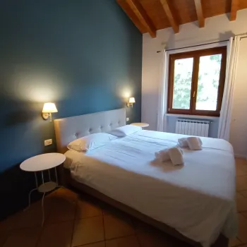 Cozy bedroom with blue accent wall, double bed, and window view.