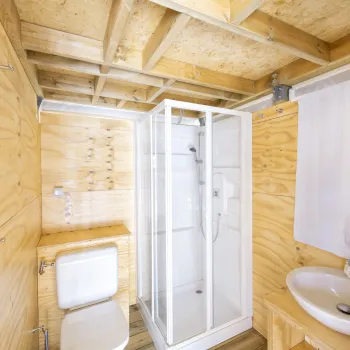 Wood-paneled bathroom with a glass shower, toilet, and sink.
