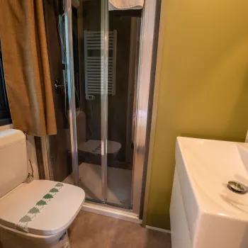 Small bathroom with toilet, shower, and sink, yellow-green walls.