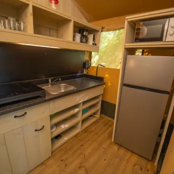 Compact kitchen with wooden cabinets, sink, fridge, and microwave. Warm lighting.