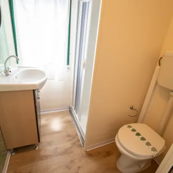 Compact bathroom with sink, toilet, and shower.