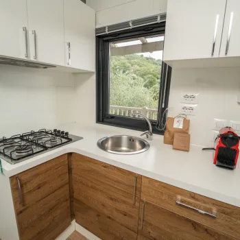 Compact modern kitchen with stove, sink, and coffee maker.