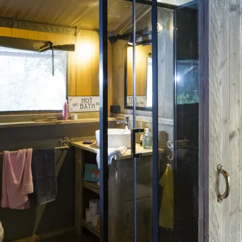 Modern bathroom with glass shower, toilet, and wooden accents.