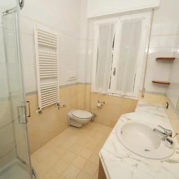 Bathroom with shower, sink, toilet, and towel heater.