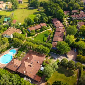 Aerial view of a residential area with greenery and a pool.