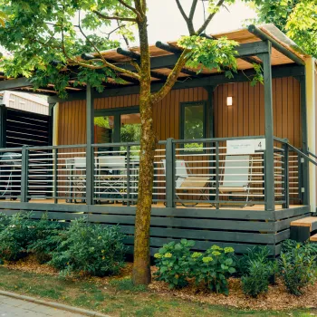 Modern tiny house with wooden deck surrounded by trees and greenery.