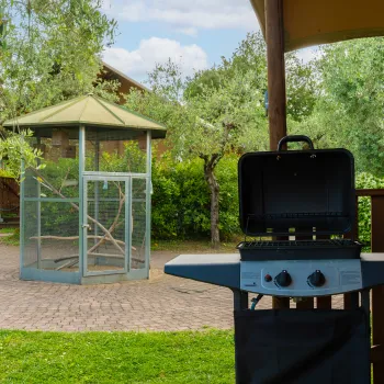 Grill on patio with garden and small gazebo in the background.