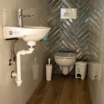 Small bathroom with sink, toilet, and two trash bins on wooden floor.