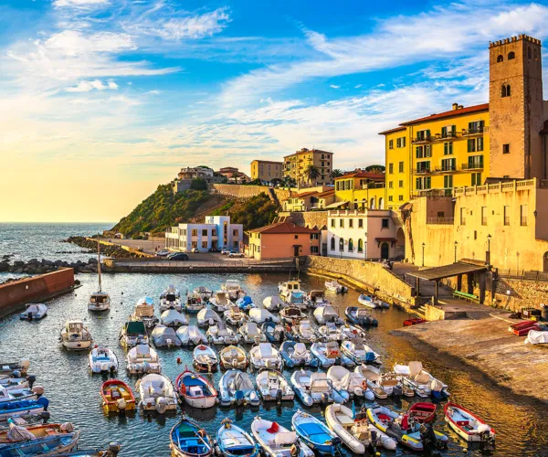 Coastal town harbor with colorful boats, vibrant buildings, and a clear blue sky.