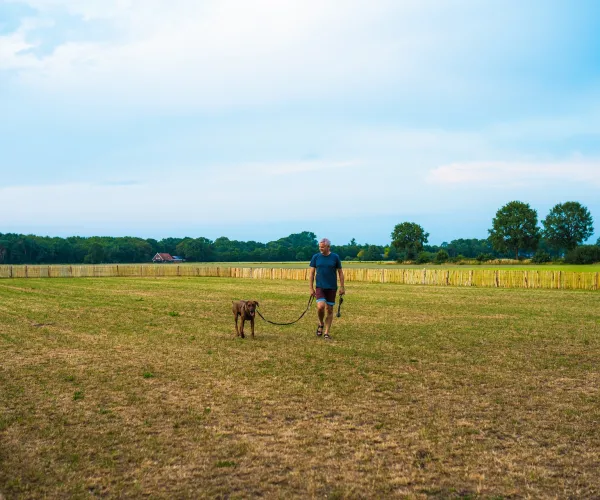 Man walking a dog in a vast field under a blue sky.
