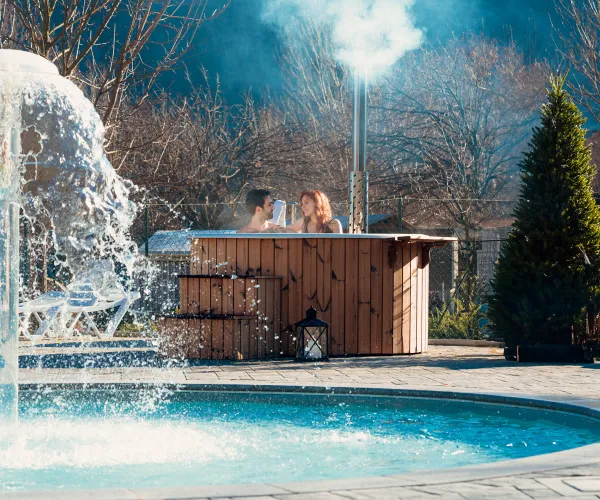 Hot tub by pool with a fountain, surrounded by trees; people relaxing.